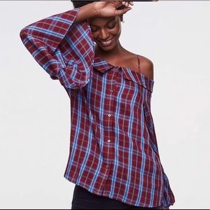 Ann Taylor Loft plaid cold~shoulder top